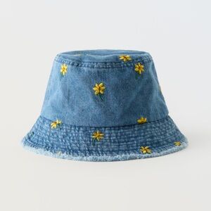 Zara Blue Denim Bucket Hat with Yellow Daisy Embroidery